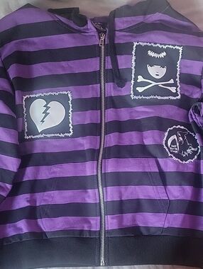 Striped Zip Hoodie With Patches Details